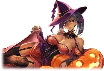 1girl arm_support artist_request bare_shoulders black_thighhighs breasts brooch cleavage clothes_lift code_geass code_geass:_lost_stories corset dark-skinned_female dark_skin dress dress_lift female_focus game_cg garter_straps gem grey_hair hair_ribbon halloween hand_up happy hat highres jack-o'-lantern jewelry juliet_sleeves large_breasts leaning_on_object legs_together lifting_own_clothes lipstick long_sleeves looking_at_viewer lying makeup nail_polish non-web_source official_art on_side orange_dress parted_lips print_thighhighs puffy_sleeves purple_hat purple_lips purple_nails purple_ribbon red_gemstone ribbon short_hair side_ponytail simple_background smile solo spider_web_print teeth thighhighs thighs transparent_background villetta_nu witch witch_hat yellow_eyes