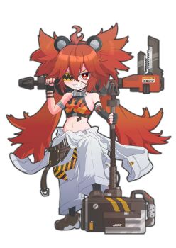 1girl absurdres ahoge animal_ears bare_shoulders bear_ears black_gloves breasts commentary_request crop_top es_(shinda_hitomi) eyepatch fake_animal_ears fingerless_gloves gloves hair_between_eyes hair_ornament highres holding koleda_belobog long_hair looking_at_viewer midriff navel pants red_eyes red_hair solo sphere_hair_ornament twintails zenless_zone_zero