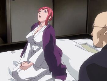 00s 1boy 1girl 2006 animated animated_gif bald bible_black bible_black_new_testament breasts facial_hair formal_clothes futon gloves goatee large_breasts mature_female monk no_bra purple_eyes red_hair religious robe shin_bible_black short_hair suit sunglasses tagme takashiro_hiroko veil yuge_toru