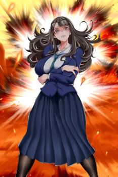 1girl alternate_breast_size_(larger) asymmetrical_bangs breasts commentary eizouken_ni_wa_te_wo_dasu_na! eyewear_on_head freckles glasses highres kanamori_sayaka large_breasts long_hair mr._chuushuu_setsu school_uniform shibahama_high_school_uniform solo