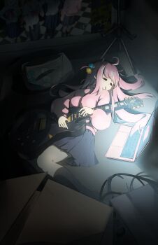 1girl absurdres bass_guitar black_skirt black_socks bocchi_the_rock! box breasts cable cardboard_box chinese_commentary closed_eyes commentary_request computer cube_hair_ornament dark drooling gotoh_hitori hair_ornament highres holding holding_instrument indoors instrument jacket kneehighs laptop long_hair long_sleeves lying medium_breasts miniskirt mouth_drool on_back on_floor open_mouth pink_hair pink_jacket pleated_skirt screen_light skirt sleeping socks solo track_suit zi_luo_(zilos)