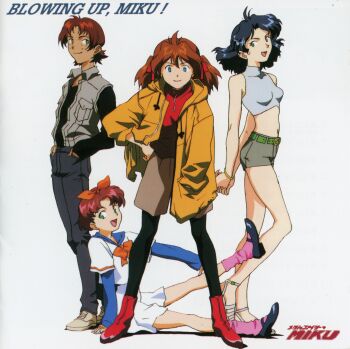 1990s_(style) 4girls absurdres album_cover artist_request black_pants brown_shorts copyright_logo cover english_text ginko_(metal_fighter_miku) grey_jacket highres honda_takeshi jacket logo looking_at_viewer metal_fighter_miku miku_(metal_fighter_miku) multiple_girls nana_(metal_fighter_miku) non-web_source official_art orange_jacket pants retro_artstyle sayaka_(metal_fighter_miku) shirt shorts skirt smile white_shirt white_skirt