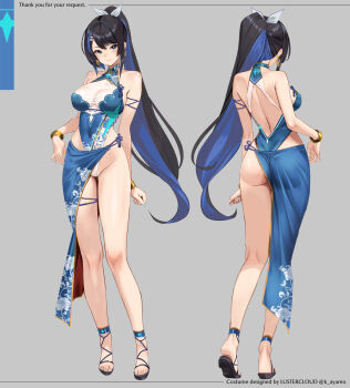 1girl adapted_costume alyssa_(specktech) ass ayamo_kaoru back backless_outfit black_hair black_sandals blue_hair blue_one-piece_swimsuit bow breasts china_dress chinese_clothes commission covered_navel dress full_body grey_background hair_bow hair_ornament hairclip highleg highleg_one-piece_swimsuit highres knees large_breasts legs multicolored_hair multiple_views one-piece_swimsuit original ponytail print_one-piece_swimsuit sandals simple_background standing swimsuit thigh_strap thighs two-tone_hair white_bow
