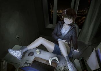 1girl absurdres bin_jiang cellphone closed_eyes commentary computer computer_mouse controller earphones feet_on_table game_console game_controller handheld_game_console highres holding holding_phone hood hood_down laptop nintendo_switch original phone playstation_5 smartphone solo