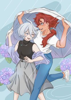 2girls absurdres black_shirt blue_eyes blue_pants commentary_request dark-skinned_female dark_skin female_focus flower grey_eyes grey_skirt gundam gundam_suisei_no_majo highres improvised_umbrella jewelry long_hair looking_at_another miorine_rembran multiple_girls necklace one_eye_closed open_mouth otsunami outdoors pants ponytail purple_flower rain red_hair ring running shirt short_hair short_sleeves skirt sleeveless sleeveless_shirt smile suletta_mercury thick_eyebrows wedding_ring white_hair white_shirt wife_and_wife yuri