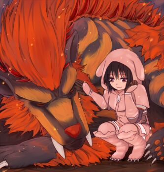 Rule 34 | 1girl, animal hands, brown hair, closed eyes, closed mouth, commentary request, fang, fang out, hand up, headpat, hood, hood up, midogaron, miyo (ranthath), monster hunter (series), monster hunter frontier, red eyes, squatting, whiskers