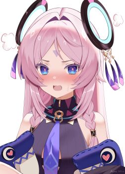 Rule 34 | 1girl, absurdres, artist name, ayumi aotr a, bare shoulders, blue eyes, blush, braid, breasts, citlali (genshin impact), commentary, facial mark, floating headgear, forehead mark, genshin impact, hair intakes, headgear, highres, itzpapa (genshin impact), long hair, looking at viewer, medium breasts, nose blush, open mouth, parted bangs, pink hair, pink pupils, puff of air, simple background, solo, triangle, triangle facial mark, twin braids, white background