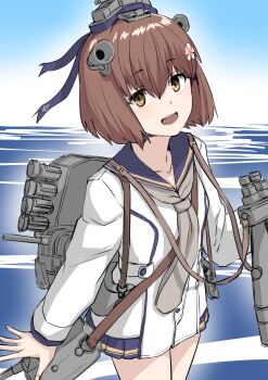 1girl 30-06 binoculars blue_sailor_collar blue_sky brown_eyes brown_hair cloud commentary_request day dress grey_neckerchief headgear highres holding holding_binoculars horizon kantai_collection kantai_collections machinery mile neckerchief ocean open_mouth outdoors radar_hair_ornament sailor_collar sailor_dress short_hair sky smile solo speaking_tube_headset teeth upper_teeth_only yukikaze_(kancolle) yukikaze_kai_ni_(kancolle)