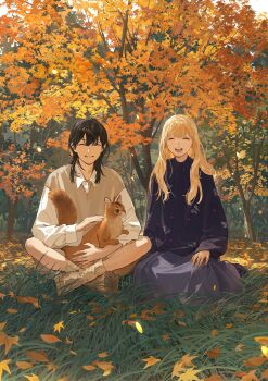 2girls autumn_leaves black_hair blonde_hair boots brown_sweater_vest closed_eyes forest grass highres leaf long_skirt multiple_girls nature on_ground orange_leaf oversized_sweater qiu_tong shirt shorts skirt smile sq_(series) sun_jing sweater_vest tanjiu tree white_shirt yuri