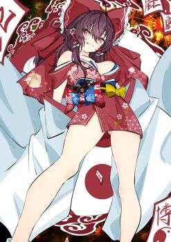 1girl absurdres asa_no_ha_(pattern) bare_shoulders black_sash bow breasts brown_hair commentary_request detached_sleeves dress egasumi feet_out_of_frame floral_print frilled_bow frilled_hair_tubes frills grin hair_bow hair_tubes hakurei_reimu highres japanese_clothes kimono knees large_breasts lips long_hair moon_print no_panties ofuda open_mouth red_bow red_dress red_eyes sash smile solo thighs touhou unanooo_(fthx7532) very_long_sleeves white_sleeves xiangyun yellow_bow yin_yang