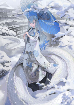 1girl absurdres architecture artist_name blue_eyes blue_umbrella braid bridge building center-flap_bangs closed_mouth colored_eyelashes commentary east_asian_architecture full_body gradient_hair hair_ornament highres holding holding_umbrella house japanese_clothes kimono kyo_mizusawa lamia long_eyelashes long_hair looking_at_viewer monster_girl multicolored_hair obi obiage obijime oil-paper_umbrella original outdoors pond print_kimono sash side_braid sidelocks snake_print snow snowflake_hair_ornament snowing solo standing tree twitter_username umbrella very_long_hair watermark white_eyelashes white_hair white_kimono winter