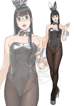 1girl absurdres adjusting_eyewear animal_ears black_bow black_bowtie black_hair black_leotard black_pantyhose black_shoes bow bowtie commentary_request detached_collar fake_animal_ears glasses green_eyes highres kantai_collection legs leotard long_hair looking_at_viewer ojipon ooyodo_(kancolle) open_mouth pantyhose playboy_bunny rabbit_ears shoes simple_background smile solo teeth upper_teeth_only watermark white_background wrist_cuffs zoom_layer