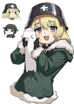 <o> 2girls 325296 amamiyayk black_hair blonde_hair blush breasts chito_(shoujo_shuumatsu_ryokou) coat creature expressionless fur-trimmed_coat fur_trim green_coat green_eyes grey_helmet helmet highres large_breasts long_hair low_twintails military_uniform mob_face multiple_girls nuko_(shoujo_shuumatsu_ryokou) open_mouth shaded_face shoujo_shuumatsu_ryokou simple_background twintails white_background yuuri_(shoujo_shuumatsu_ryokou)