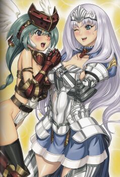 10s 2girls absurdres annelotte annelotte_(queen&#039;s_blade) armor armored_dress bikini_armor curvy dress eiwa elbow_gloves gloves highleg highleg_leotard highres knight_princess_annelotte leotard long_hair mirim multiple_girls official_art one_eye_closed purple_hair queen&#039;s_blade queen&#039;s_blade_rebellion revealing_clothes shiny_skin skirt thighhighs thong_leotard tiara white_leotard wide_hips wink