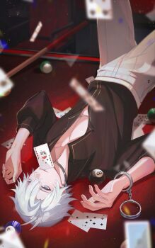 Rule 34 | 1boy, antenna hair, ball, billiard ball, black choker, black shirt, blue eyes, card, choker, commentary, cuffs, floating card, handcuffs, highres, honkai: star rail, honkai (series), looking at viewer, male focus, mouth hold, pants, parted bangs, partially unbuttoned, pectoral cleavage, pectorals, phainon (honkai: star rail), phainon (vigethos) (honkai: star rail), playing card, shirt, shirt tucked in, short hair, solo, untranslatable commentary, wan xiaoliya, white hair, white pants