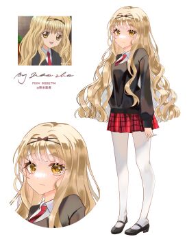 Rule 34 | 1girl, absurdres, artist name, black sweater, blonde hair, blunt bangs, commentary request, full body, highres, jiao zhu, looking at viewer, mashiro rima, multiple views, necktie, pantyhose, photo-referenced, pixiv id, red necktie, red skirt, school uniform, shugo chara!, simple background, skirt, sweater, white background, white pantyhose, yellow eyes