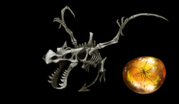 aerodactyl amber_(gemstone) animal_skeleton black_background bone bug commentary_request gem gen_1_pokemon highres insect insect_wings mosquito nintendo no_humans old_amber pearl7 pokemon pokemon_(creature) ribs sharp_teeth simple_background skeletal_wings skeleton skull spine teeth wings