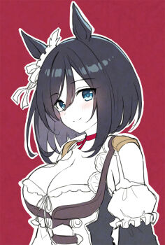 1girl animal_ears black_hair blue_eyes blush bob_cut bodice breasts choker cleavage closed_mouth detached_sleeves dirndl ear_scrunchie eishin_flash_(meisterschaft)_(umamusume) eishin_flash_(umamusume) german_clothes hair_between_eyes horse_ears horse_girl large_breasts long_sleeves looking_at_viewer mauve medium_hair red_background red_choker scrunchie shirt simple_background smile solo swept_bangs umamusume upper_body white_scrunchie