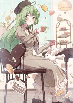 1girl ahoge bird black_bow black_bowtie black_hat black_shoes blush bow bowtie cake cake_slice closed_mouth commentary_request commission crossed_bangs cup dress food frilled_dress frilled_sleeves frills full_body green_eyes green_hair grey_dress hair_ornament hat holding holding_cup holding_saucer juliet_sleeves long_hair long_sleeves looking_at_viewer original puffy_sleeves round_table sample_watermark saucer shoes sitting skeb_commission smile solo table teacup tsukumi_bis watermark watermark_grid wing_hair_ornament