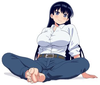 Rule 34 | 1girl, absurdres, arato nagi, arm at side, barefoot, belt, black hair, blue eyes, blue pants, blush, breasts, closed mouth, collared shirt, commentary request, denim, dot nose, earrings, feet, hand on ground, highres, jeans, jewelry, large breasts, long hair, looking at viewer, on ground, open collar, pants, riokasen, ruri no houseki, shadow, shirt, shirt tucked in, sitting, sleeves rolled up, smile, soles, solo, stud earrings, white background, white shirt
