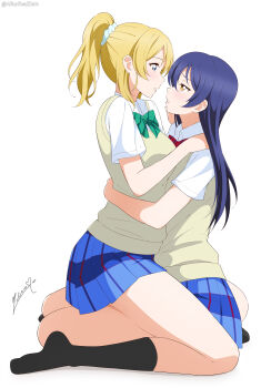 2girls absurdres alterrealzero ayase_eli black_socks blonde_hair blue_eyes blue_hair blue_skirt blush bow bowtie collared_shirt commentary english_commentary eye_contact green_bow green_bowtie highres hug long_hair looking_at_another love_live! love_live!_school_idol_project multiple_girls otonokizaka_school_uniform plaid_clothes plaid_skirt pleated_skirt school_uniform shirt skirt socks sonoda_umi striped_bow striped_bowtie striped_clothes sweater_vest white_shirt yellow_eyes yellow_sweater_vest yuri