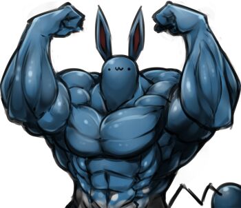 :3 abs azumarill clenched_hands fukurou_(owl222) gen_2_pokemon huge_power_(pokemon) looking_at_viewer muscular nintendo no_humans parody pectorals pokemon pokemon_(creature) rabbit_ears simple_background solo what white_background