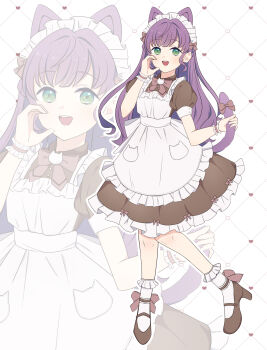 1girl :d absurdres alternate_costume animal_ears apron bow bowtie brown_dress brown_shoes cat_brooch cat_ears cat_tail commentary dotted_line dress frilled_apron frilled_socks frills full_body green_eyes grid_background half-heart_hands harukawa_inoki heart heart_background high_heels highres holding_own_tail link!_like!_love_live! long_hair looking_at_viewer love_live! maid maid_apron maid_headdress mary_janes medium_dress nyan_nyan_nyan_fair_in_gamers open_mouth otomune_kozue pink_bow pink_bowtie puffy_short_sleeves puffy_sleeves purple_hair shoes short_sleeves smile socks solo tail virtual_youtuber white_apron white_background white_socks zoom_layer