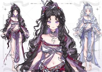 1girl absurdres alternate_color arabian_clothes bare_legs bare_shoulders barefoot_sandals_(jewelry) beads black_choker black_hair blue_arm_warmers blue_bow blue_hair blue_skirt bow braid breasts chinese_commentary choker cleavage closed_mouth colored_inner_hair commentary_request commission cowboy_shot detached_sleeves dot_nose eyelashes full_body grey_hair grey_sleeves grey_tube_top hair_beads hair_bow hair_ornament happy highres knees light_blush lips long_hair long_skirt looking_at_viewer medium_breasts multicolored_hair multiple_views one_side_up original parted_bangs pelvic_curtain pink_lips purple_arm_warmers purple_bow purple_eyes purple_hair purple_skirt purple_sleeves sample_watermark shanwenyufan short_sleeves side_braid simple_background single_braid skirt smile standing straight-on strapless toes torn_clothes torn_tube_top tube_top two-tone_hair very_long_hair virtual_youtuber watermark wavy_hair white_background wide_sleeves