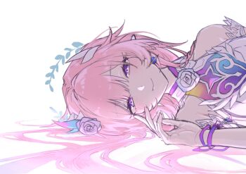 1girl 3yyi3fqrnf93061 bare_shoulders breasts commentary_request cyrene_(honkai:_star_rail) cyrene_(ripples_of_past_reverie)_(honkai:_star_rail) diamond-shaped_pupils diamond_(shape) dress earrings flower hair_flower hair_ornament highres honkai:_star_rail honkai_(series) jewelry large_breasts long_hair looking_at_viewer lying on_side pink_hair pointy_ears purple_eyes simple_background smile solo symbol-shaped_pupils very_long_hair white_background white_dress