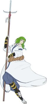 1girl absurdres alternate_costume blue_pants breasts detached_sleeves drawfag green_eyes hair_ornament hair_tubes highres holding holding_polearm holding_weapon kochiya_sanae medium_breasts medium_hair nontraditional_miko pants polearm sandals snake snake_hair_ornament socks solo touhou transparent_background weapon white_socks