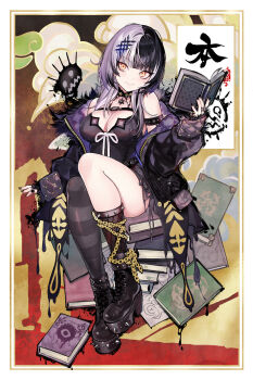 1girl arm_strap asymmetrical_legwear belt black_belt black_boots black_coat black_dress black_hair black_nails blush book book_stack boots border breasts chain chest_belt cleavage closed_mouth coat commentary dress english_commentary fingernails fishnet_socks fishnets fur-trimmed_coat fur_trim grey_hair hair_ornament high_heel_boots high_heels highres holding holding_book hololive hololive_english ink large_breasts long_hair long_sleeves looking_at_viewer mismatched_legwear multicolored_hair nail_polish off_shoulder open_book open_clothes open_coat platform_boots puffy_long_sleeves puffy_sleeves robot_cat_(robotcatart) shiori_novella shiori_novella_(1st_costume) single_sock single_thighhigh sitting sleeveless sleeveless_dress sleeves_past_wrists smile socks solo spiked_boots split-color_hair striped_clothes striped_socks striped_thighhighs thighhighs two-tone_hair very_long_fingernails virtual_youtuber white_border yellow_eyes yorick_(shiori_novella)
