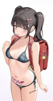 10_plus 1girl backpack bag blue_bra blue_panties bra breasts brown_hair commission floral_print green_eyes hair_ornament hairclip highres lace lace-trimmed_bra lace_trim long_hair looking_at_viewer matching_underwear navel original panties pubic_tattoo randoseru side-tie_panties skeb_commission small_breasts solo tattoo twintails underwear underwear_only white_background