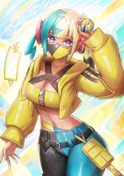 1girl absurdres black_pants blonde_hair blue_hair blue_pants breasts canari_(pokemon) cleavage cowboy_shot dark-skinned_female dark_skin highres holding holding_poke_ball hood hooded_jacket jacket large_breasts mask mega_stone mouth_mask multicolored_hair navel nintendo open_clothes open_jacket pants poke_ball pokemon pokemon_legends:_z-a two-tone_hair yellow_jacket ziteng_yue