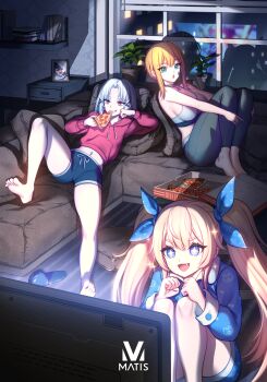 +_+ 3girls :3 alternate_costume barefoot baton_(weapon) black_hair blonde_hair blue_eyes book bookshelf bow breasts clenched_hand clenched_hands coffee_table commentary_request couch double-parted_bangs drake_(nikke) eating fang feet food goddess_of_victory:_nikke hair_bow hair_ribbon hand_on_own_face highres holding holding_food holding_pizza hood hoodie indoors jacket knees_up korean_commentary laplace_(nikke) long_hair long_sleeves lying matis_(nikke) maxwell_(nikke) midriff multicolored_hair multiple_girls navel on_back on_couch open_mouth pajamas pants parted_hair picture_frame pizza plant potted_plant purple_hair red_eyes red_hoodie revision ribbon short_shorts shorts sidelocks sitting sleeveless slice_of_life slippers snot sports_bra streaked_hair syuen_(nikke) table television thighs tokusatsu tress_ribbon trhisell twintails weapon white_hair wind yoga_pants