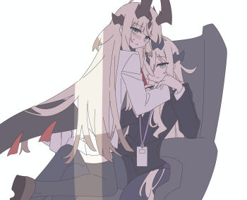 2girls absurdres arknights black_jacket black_pants black_thighhighs blonde_hair blue_eyes blush contemporary crack_of_light dragon_horns dragon_tail hand_on_another&#039;s_shoulder highres horns id_card incest isikishoku_akn jacket lanyard long_hair multiple_girls necrass_(arknights) pants parted_lips reed_(arknights) siblings simple_background sisters smile straddling sweat tail thighhighs white_background yuri