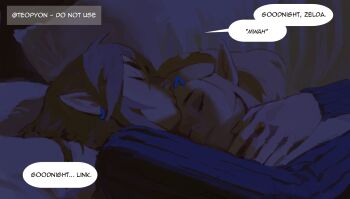 1boy 1girl absurdres arm_around_neck artist_name black_sweater blonde_hair closed_eyes commentary couple earrings english_commentary english_text hair_ornament head_on_pillow hetero highres hug jewelry kiss kissing_forehead link night nintendo on_bed pillow pointy_ears princess_zelda pyonteo sidelocks sleeping speech_bubble sweater the_legend_of_zelda the_legend_of_zelda:_breath_of_the_wild the_legend_of_zelda:_tears_of_the_kingdom upper_body