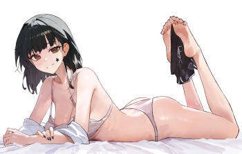 1girl absurdres ass bare_legs bare_shoulders barefoot bed_sheet black_hair black_nails black_shorts bra breasts brown_eyes commentary facial_mark feet from_side grin highres holding_with_feet large_breasts light_blush looking_at_viewer lying mac_star medium_hair nail_polish on_stomach original panties raised_eyebrow shorts simple_background smile soles solo star_(symbol) star_facial_mark the_pose toenail_polish toenails toes underwear underwear_only unworn_shorts very_long_fingernails white_background white_bra white_panties