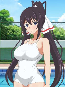 1girl black_hair blue_eyes blue_one-piece_swimsuit blue_sky breasts chain-link_fence cloud commentary_request competition_school_swimsuit covered_navel cowboy_shot day fence hair_ribbon hata_(pixiv10403940) high_ponytail highres infinite_stratos large_breasts one-piece_swimsuit outdoors ponytail pool ribbon school_swimsuit shinonono_houki sky solo split_ponytail standing swimsuit white_ribbon
