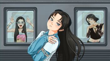 3girls absurdres animification belt black_shirt blue_hoodie blue_shirt bracelet chaeyoung_(twice) chest_belt choker claiklei clip_studio_paint_(medium) cropped_shirt derivative_work detached_sleeves floating glasses hair_ornament hairclip head_tilt highres hood hood_down hoodie jewelry k-pop leaning_back long_hair long_sleeves looking_at_viewer mina_(twice) mole mole_on_nose mole_under_mouth momo_(twice) multiple_girls open_hands parted_lips paw_pose real_life ring screenshot_redraw shirt short_hair sleeveless sleeveless_shirt smile solo_focus strapless strapless_shirt this_is_for_(twice) train twice_(group) white_belt