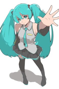 1girl arm_up blue_eyes blue_hair detached_sleeves hatsune_miku highres long_hair looking_at_viewer ryouko_c skirt smile solo tagme vocaloid white_background