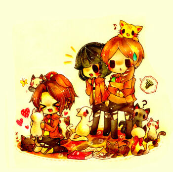 >_< 3girls ? bag black_boots black_hair book boots brown_hair cat commentary_request full_body grocery_bag hange_zoe happy holding holding_bag moblit_berner multiple_girls nifa_(shingeki_no_kyojin) open_mouth ponytail shingeki_no_kyojin shopping_bag short_hair spoken_squiggle squiggle sweatdrop white_cat yukichi_0611