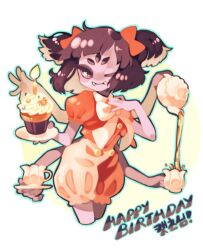 Rule 34 | 1girl, arthropod girl, black eyes, black hair, blunt bangs, bow, bowtie, candle, closed mouth, colored skin, commentary request, cowboy shot, cup, cupcake, extra arms, extra eyes, fangs, fangs out, food, hair bow, hand on own chest, happy birthday, holding, holding saucer, holding teapot, insect girl, korean commentary, korean text, looking at viewer, monster girl, muffet, one eye closed, pants, pink pants, pink skin, pouring, puffy pants, puffy short sleeves, puffy sleeves, red bow, red shirt, sanaknim, saucer, shirt, short hair, short sleeves, simple background, smile, solo, spider girl, spider ornament, star (symbol), star in eye, symbol in eye, teacup, teapot, two side up, undertale, white bow, white bowtie
