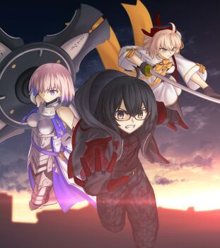 3girls armor black-framed_eyewear black_eyes black_gloves black_hair black_jacket blonde_hair cloud colored_inner_hair commentary_request commission fate/grand_order fate_(series) gender_request glasses gloves green_eyes highres holding holding_shield holding_sword holding_weapon hood hood_down hooded_jacket jacket japanese_clothes katana looking_at_viewer marvel mash_kyrielight mash_kyrielight_(paladin) multicolored_hair multiple_girls official_alternate_costume okita_souji_(celebratory_attire)_(fate) okita_souji_(fate) original pink_hair purple_eyes reaching reaching_towards_viewer shield shoori_(migiha) spider-man_(series) sword takeuchi_takashi_(style) weapon white_armor
