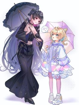 ! 2girls :d ahoge aqua_eyes aqua_hair black_dress black_hair blonde_hair braid breasts choker cleavage colored_inner_hair commentary cone_hair_bun double_bun dress full_body hair_bun heart heart_choker height_difference high_heels highres holding holding_umbrella hood hood_down large_breasts light_smile long_hair looking_at_another low_twin_braids medium_hair meloco_kyoran midriff millie_parfait millie_parfait_(5th_costume) multicolored_hair multiple_girls navel nijisanji nijisanji_en open_mouth pantyhose parasol pink_pantyhose purple_hair rain_poncho shoes smile sneakers speech_bubble spoken_exclamation_mark streaked_hair twin_braids umbrella very_long_hair virtual_youtuber white_background xiaomiao_zzz
