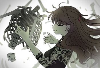 1girl black_dress bone brown_hair closed_eyes closed_mouth commentary dress floating_hair fujishima_megumi highres lace_dress link!_like!_love_live! long_hair love_live! otome_kaibou_(vocaloid) parody profile sideways_mouth skeleton three-quarter_sleeves smile solo two_side_up upper_body virtual_youtuber watage_modoki white_background