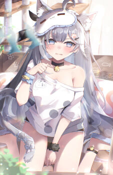 1girl @_@ absurdres ahoge animal_ear_fluff animal_ears anklet bell between_legs black_choker black_hairband black_scrunchie black_shorts blue_eyes blue_scrunchie blue_slippers blush bow breasts cat_ears cat_girl cat_tail cat_tower choker collarbone commentary dolphin_shorts elphe grey_hair hair_ornament hairband hairclip hand_between_legs highres hololive hololive_indonesia indoors jewelry long_hair mask mask_on_head medium_breasts neck_bell parted_lips paw_hair_ornament ribbon scrunchie shirt short_sleeves shorts single_bare_shoulder single_off_shoulder sitting sleep_mask slippers solo t-shirt tail tail_bow tail_ornament tail_ribbon very_long_hair vestia_zeta virtual_youtuber wariza white_bow white_ribbon white_shirt wrist_scrunchie