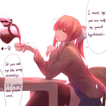 2girls absurdres alternate_language artist_name blue_skirt bow brown_hair chair coffee coffee_mug coffee_pot cup doki_doki_literature_club elbows_on_table english_text engrish_text green_eyes hard-translated highres long_hair looking_at_another looking_to_the_side monika_(doki_doki_literature_club) mug multiple_girls open_mouth out_of_frame pin.s ponytail pouring ranguage saucer school_uniform sitting skirt smile solo_focus speech_bubble table thighhighs third-party_edit venus_symbol very_long_hair yuri