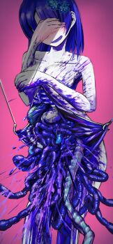 1girl bad_id bad_twitter_id blood blood_on_body blood_on_hands blush blush_visible_through_hands bone breasts contrapposto covering_breasts covering_privates embarrassed guro hair_ornament highres hook intestines jinba_(jinbarta2) liver medium_breasts medium_hair nude open_mouth organs original pale_skin pink_background purple_blood purple_hair smile solo standing stomach_(organ)