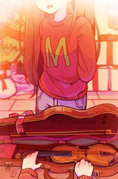 007f89_siyo 1boy 1girl black_hair blue_pants bow_(music) brother_and_sister christmas_tree commentary_request denim highres indoors instrument jeans long_hair long_sleeves mari_(faraway)_(omori) mari_(omori) official_alternate_costume omori open_mouth pants pov pov_hands red_sweater siblings smile sunny_(omori) sweater violin violin_case