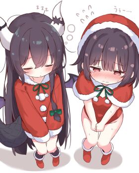 2girls black_hair blush boots brown_eyes capelet christmas closed_eyes commentary_request covered_navel covering_crotch covering_privates dragon_girl dragon_horns dragon_tail embarrassed flying_sweatdrops foreshortening from_above fur_trim hat horns ichiya_runa_(mamamamave) leotard long_hair miria_(mamamamave) multiple_girls original red_boots red_capelet red_hat red_leotard red_shirt santa_hat shirt short_hair sleepy tail thighs zzz